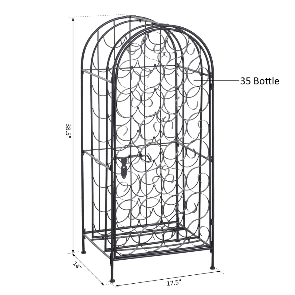 35 Bottle Wrought Iron Wine Rack Cabinet with Lock, Black view 2