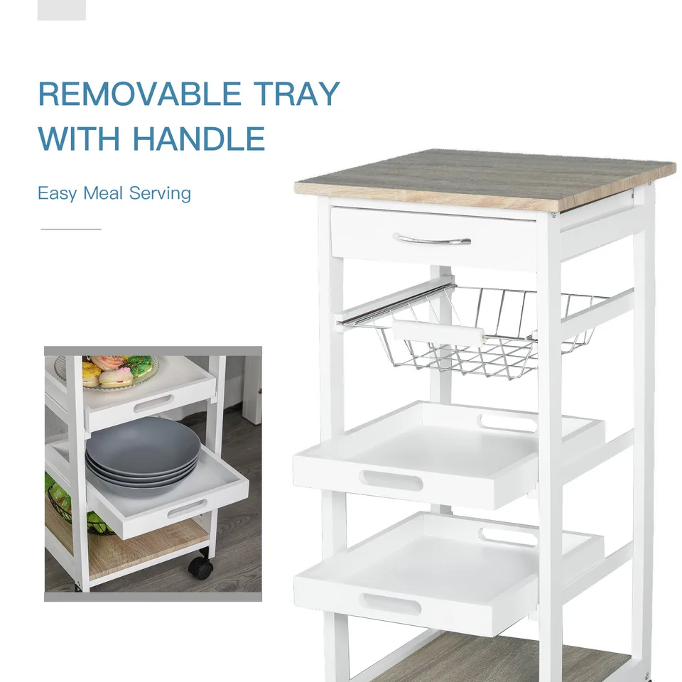 Mobile Kitchen Cart, Rolling Kitchen Island with Storage, Solid Wood Frame Utility Cart with Wire Fruit Baskets, Trays and Drawer, White view 2