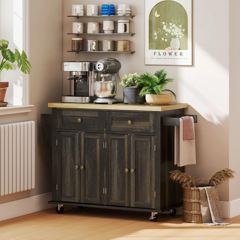 Kitchen Island Cart with Rubber Wood Top, Rolling Kitchen Island Table on Wheels with Drawers, Adjustable Shelves, Spice Rack and Towel Rack view 3
