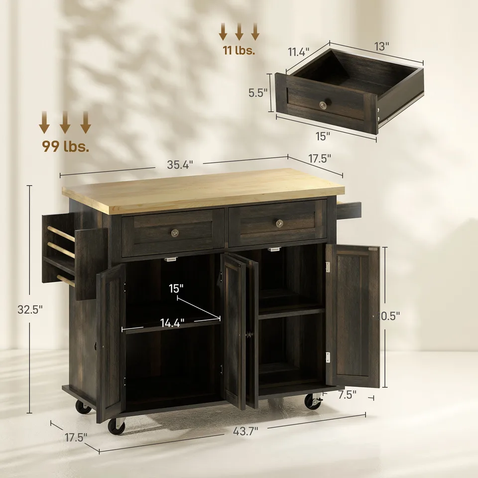 Kitchen Island Cart with Rubber Wood Top, Rolling Kitchen Island Table on Wheels with Drawers, Adjustable Shelves, Spice Rack and Towel Rack view 4
