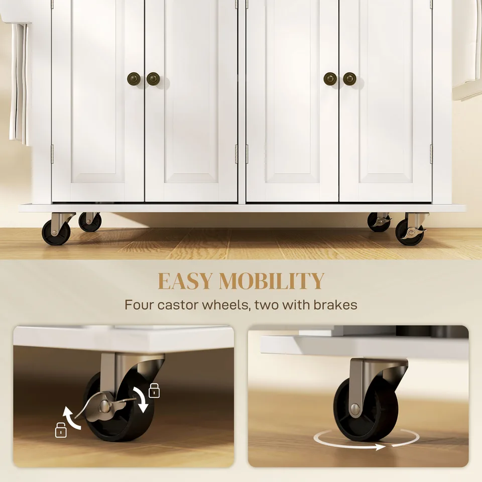 44" Mobile Kitchen Island Table, Kitchen Island Cart on Wheels with Storage Cabinets, 2 Drawers, White view 3
