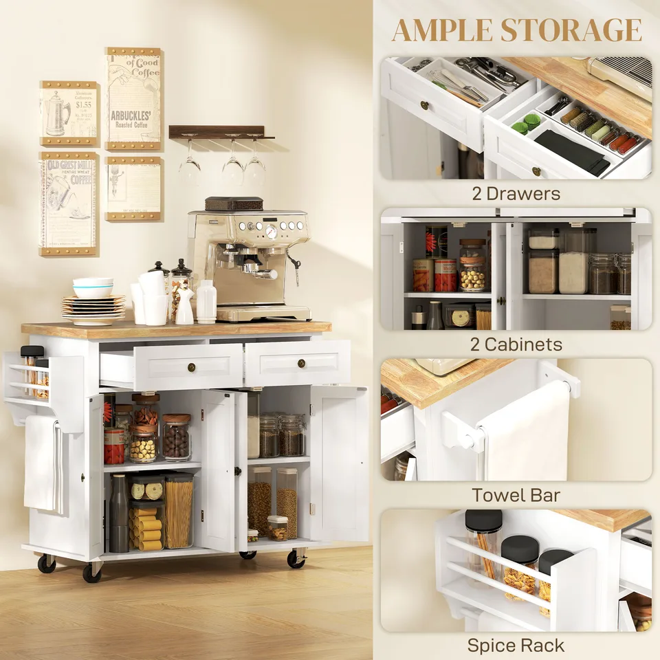44" Mobile Kitchen Island Table, Kitchen Island Cart on Wheels with Storage Cabinets, 2 Drawers, White view 2