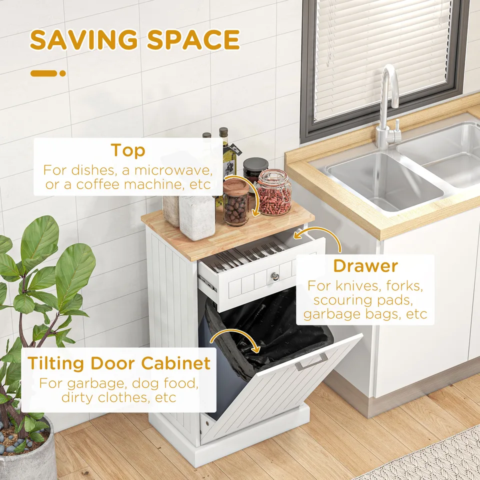 10 Gallon Tilt Out Trash Cabinet, Wooden Hidden Trash Can with Storage Drawer for Kitchen, Laundry Hamper Cabinet for Bathroom, White view 3