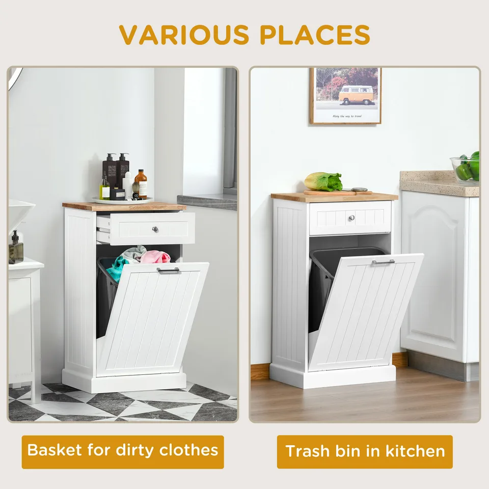 10 Gallon Tilt Out Trash Cabinet, Wooden Hidden Trash Can with Storage Drawer for Kitchen, Laundry Hamper Cabinet for Bathroom, White view 2