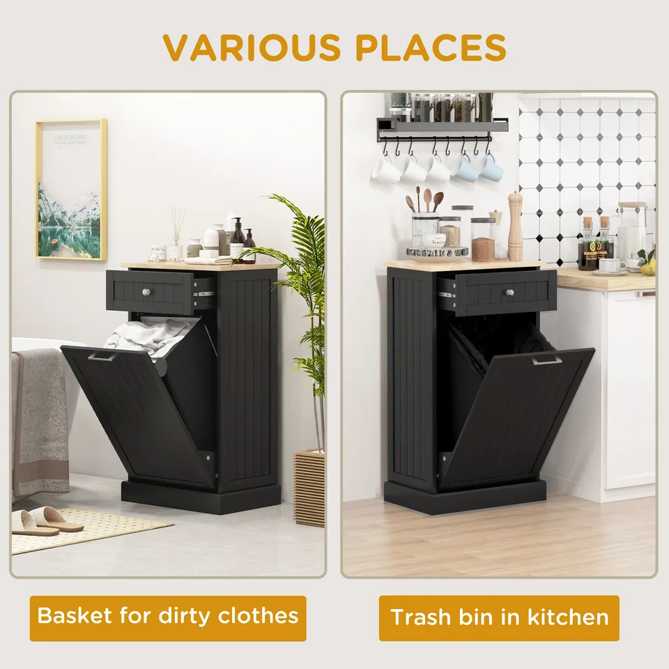 10 Gallon Tilt Out Trash Cabinet, Wooden Hidden Trash Can with Storage Drawer for Kitchen, Laundry Hamper Cabinet for Bathroom, Black view 2