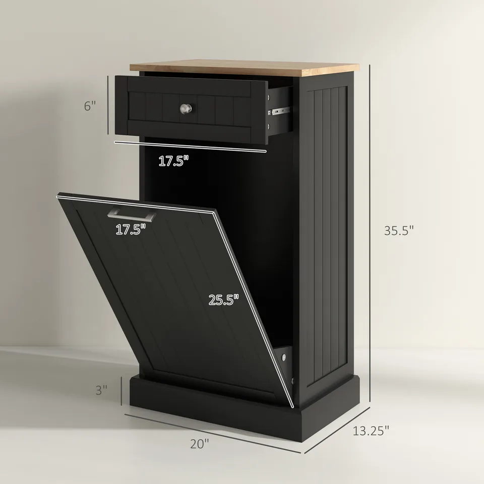 10 Gallon Tilt Out Trash Cabinet, Wooden Hidden Trash Can with Storage Drawer for Kitchen, Laundry Hamper Cabinet for Bathroom, Black view 3
