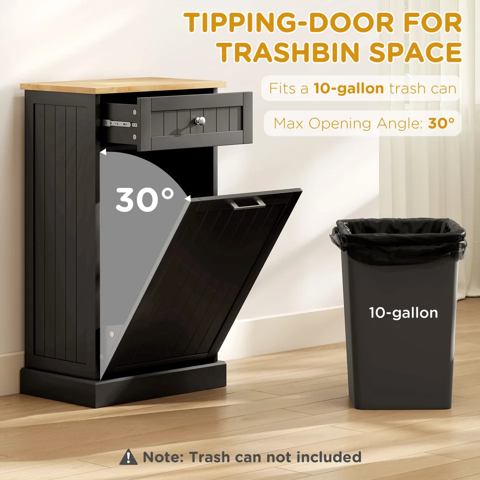 10 Gallon Tilt Out Trash Cabinet, Wooden Hidden Trash Can with Storage Drawer for Kitchen, Laundry Hamper Cabinet for Bathroom, Black view 4