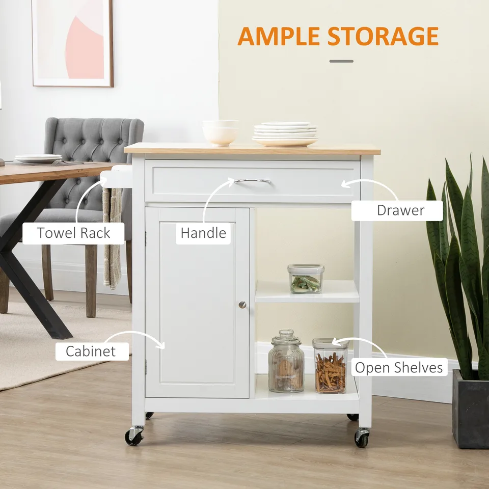 Kitchen Island Cart, Rolling Kitchen Island with Storage Shelf, Solid Wood Top, Drawer, for Dining Room, White view 2