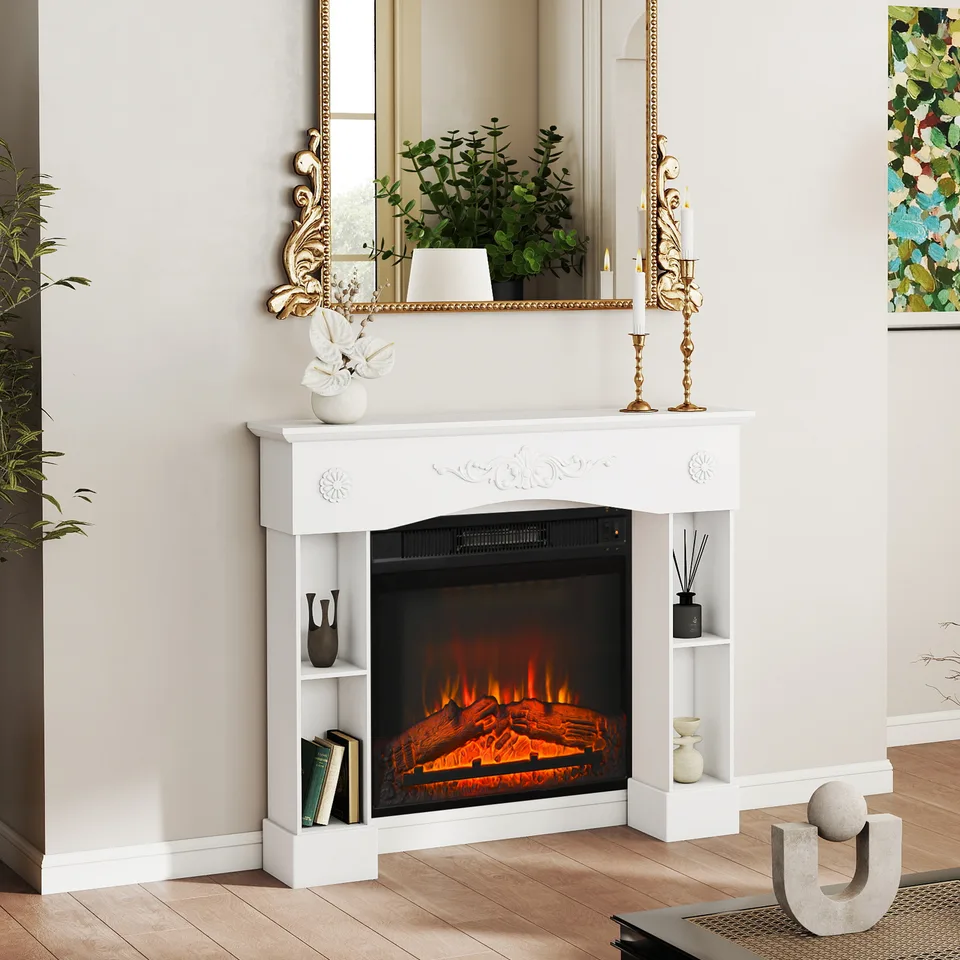 Baroque Fireplace Mantel, Freestanding Fireplace Surround with Leg for Electric Fireplaces, 45.3" W x 39.4" H, White view 4