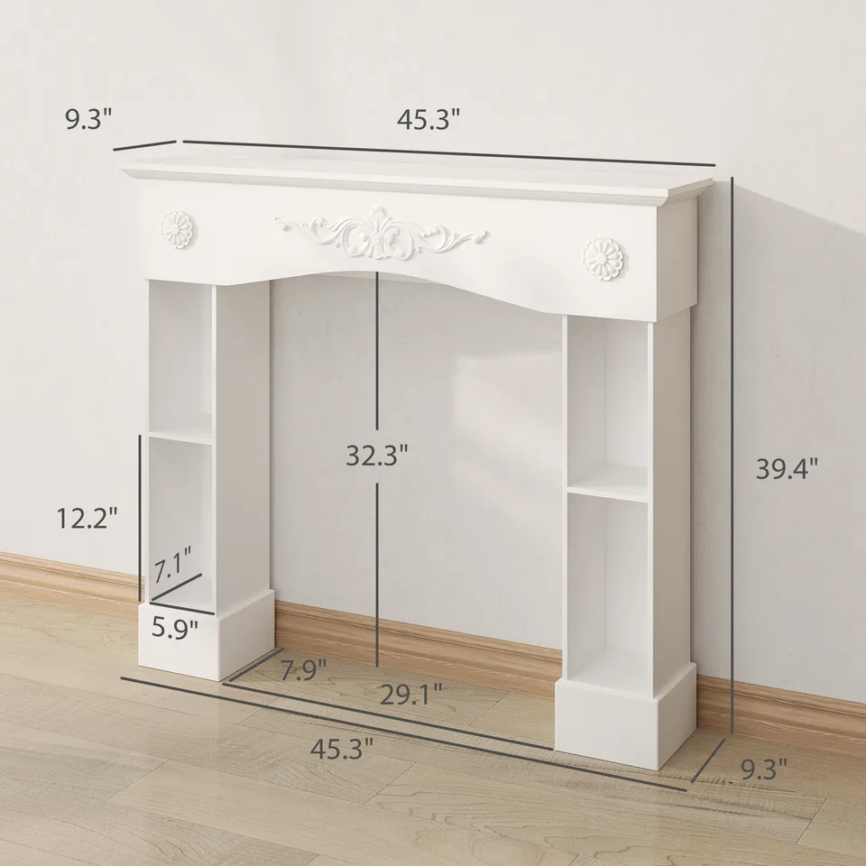 Baroque Fireplace Mantel, Freestanding Fireplace Surround with Leg for Electric Fireplaces, 45.3" W x 39.4" H, White view 2