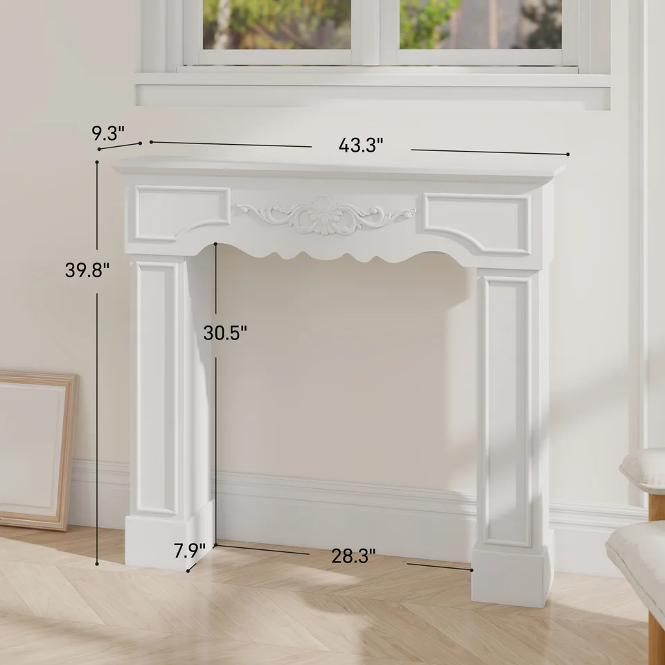 Baroque Fireplace Mantel, Freestanding Fireplace Surround with Leg for Electric Fireplaces, 43.3" W x 39.8" H, White view 3
