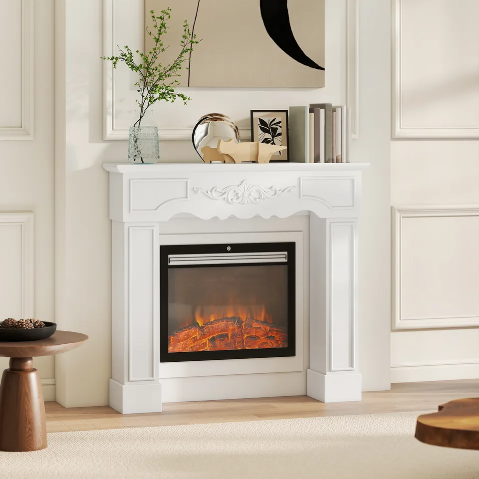 Baroque Fireplace Mantel, Freestanding Fireplace Surround with Leg for Electric Fireplaces, 43.3" W x 39.8" H, White view 2