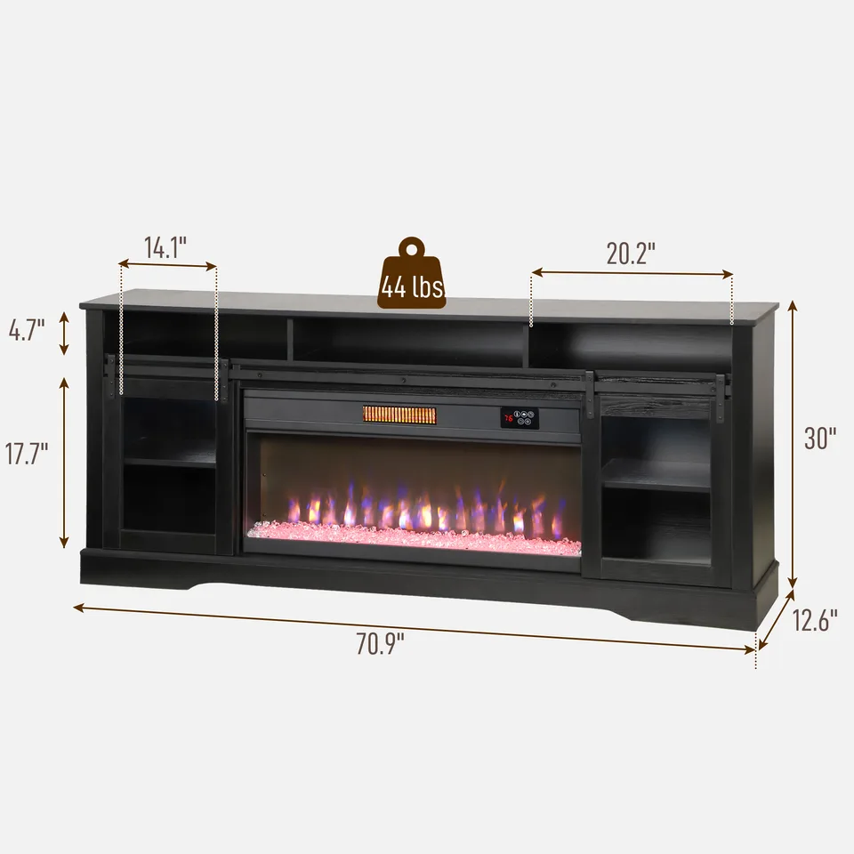 Fireplace TV Stand for TVs Up to 80 Inch, TV Console with Electric Fireplace, Open Storage and Side Cabinets, Black view 2
