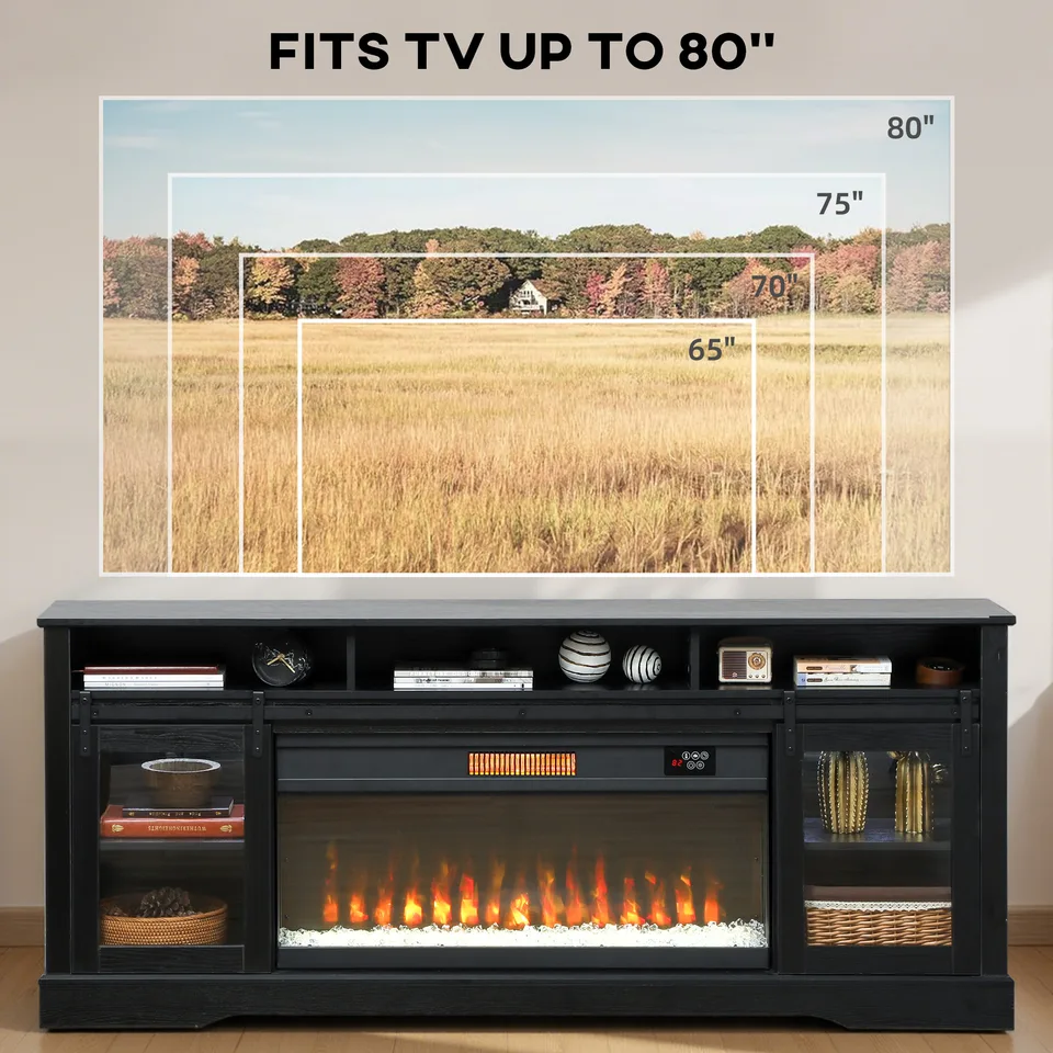 Fireplace TV Stand for TVs Up to 80 Inch, TV Console with Electric Fireplace, Open Storage and Side Cabinets, Black view 3