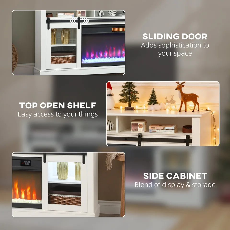 Fireplace TV Stand for TVs Up to 80 Inch, TV Console with Electric Fireplace, Open Storage and Side Cabinets, White view 2