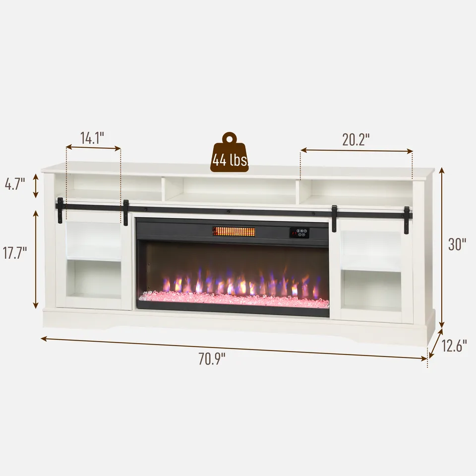 Fireplace TV Stand for TVs Up to 80 Inch, TV Console with Electric Fireplace, Open Storage and Side Cabinets, White view 3