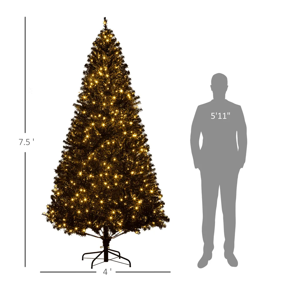 7.5 FT Tall PreLit Artificial Christmas Tree with Realistic Branches, 500 Warm White LED Lights and 1346 Tips, Black view 2