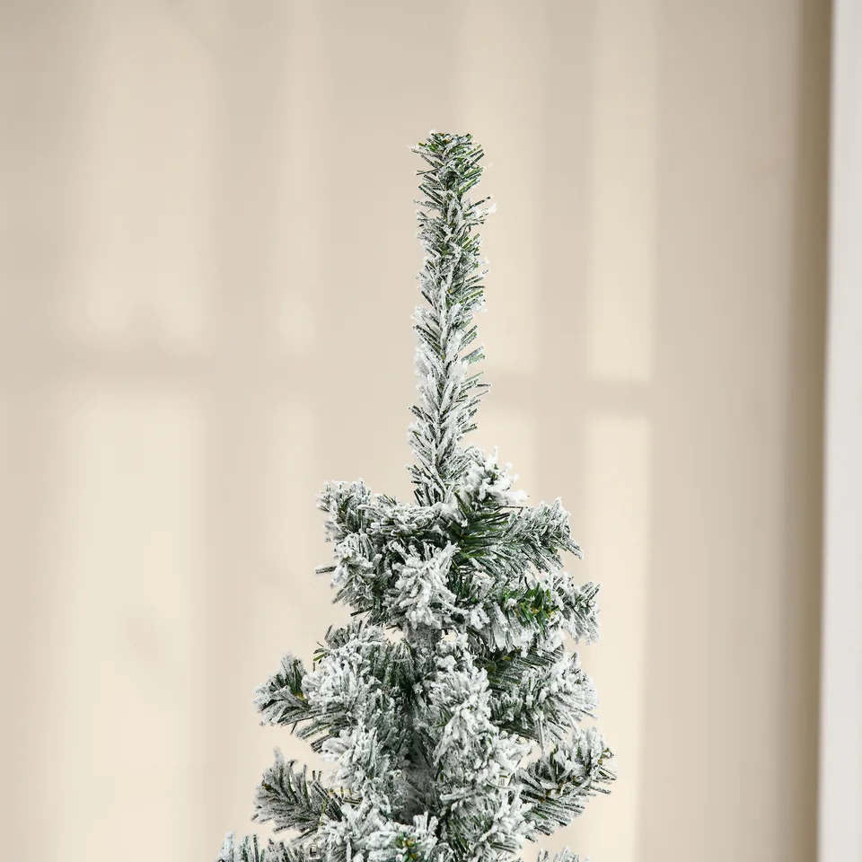 HOMOM 6ft Flocked Christmas Tree, Pencil Artificial Xmas Tree with Faux Snow, Dense Branches, Foldable Metal Base for Indoor Holiday Decor view 3