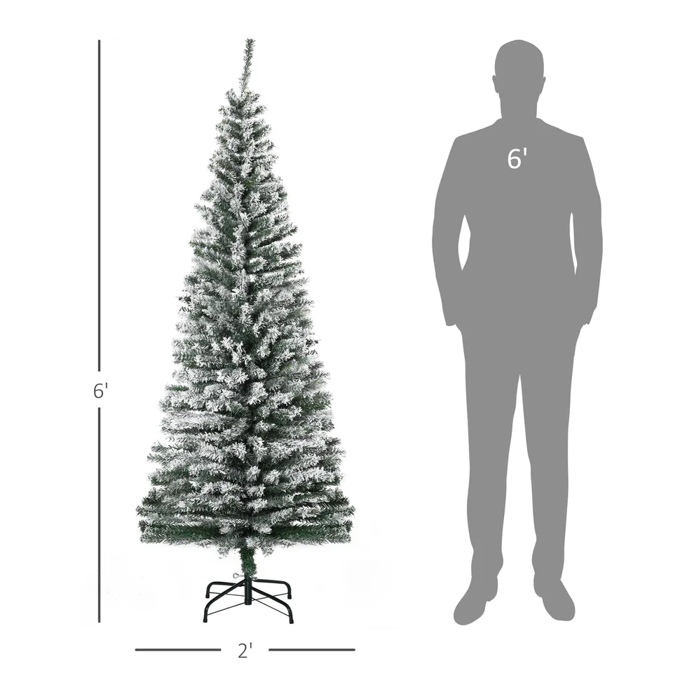 HOMOM 6ft Flocked Christmas Tree, Pencil Artificial Xmas Tree with Faux Snow, Dense Branches, Foldable Metal Base for Indoor Holiday Decor view 2