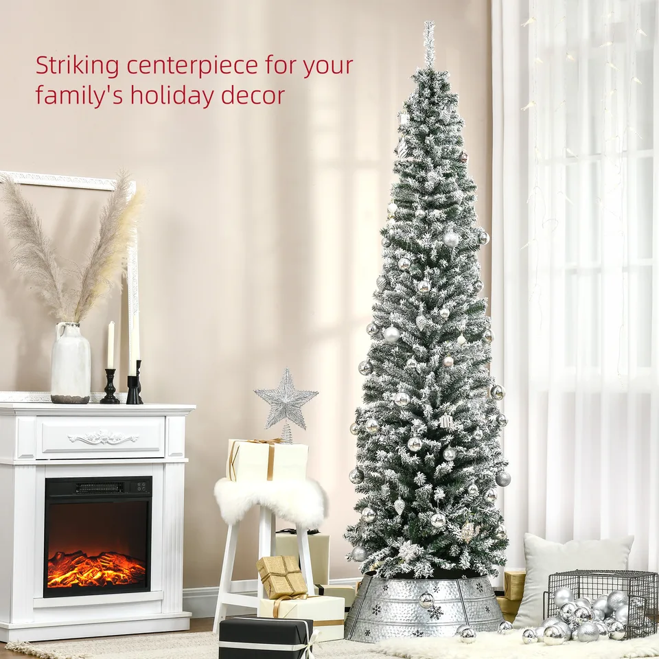 HOMOM 7.5ft Flocked Christmas Tree, Pencil Artificial Xmas Tree with Faux Snow, Dense Branches, Foldable Metal Base for Indoor Holiday Decor view 2