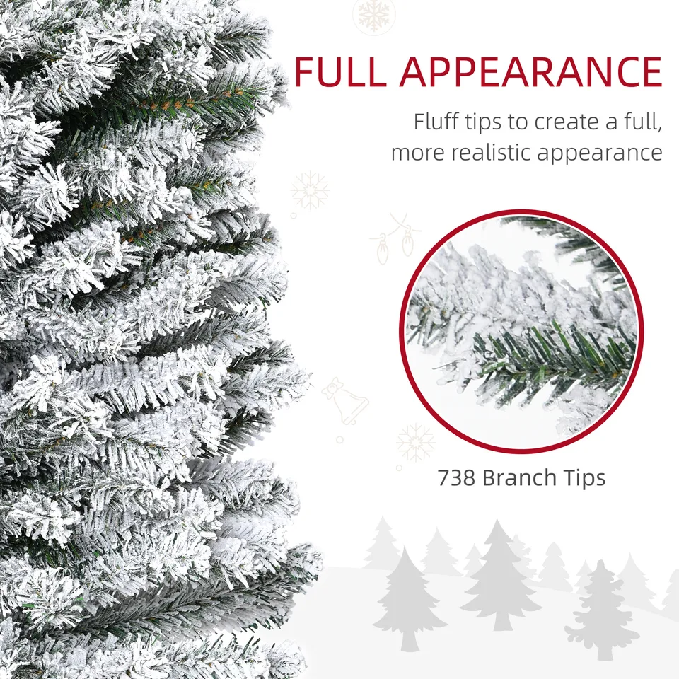HOMOM 7.5ft Flocked Christmas Tree, Pencil Artificial Xmas Tree with Faux Snow, Dense Branches, Foldable Metal Base for Indoor Holiday Decor view 3