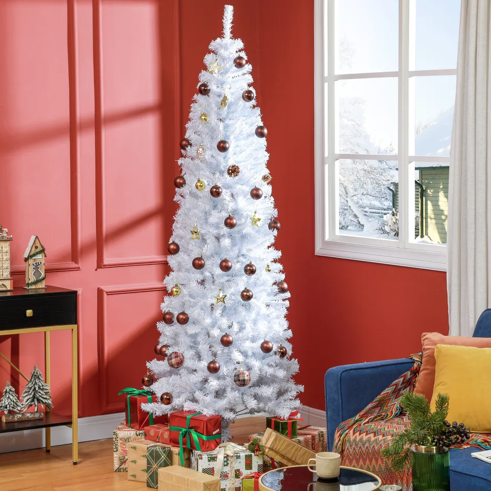 7 FT Artificial Christmas Tree Pencil Xmas Tree with Stand, 818 Tips, Holiday Home Indoor Decoration for Party, White