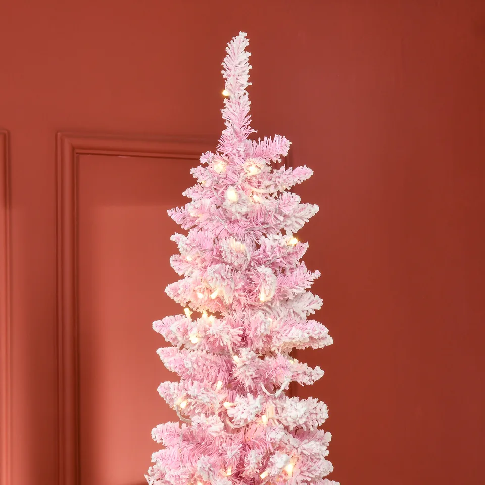 7.5ft Prelit Snow Flocked Artificial Christmas Tree with Pencil Shape, Pine Realistic Branches, Warm White LED lights, Auto Open, Pink and view 4
