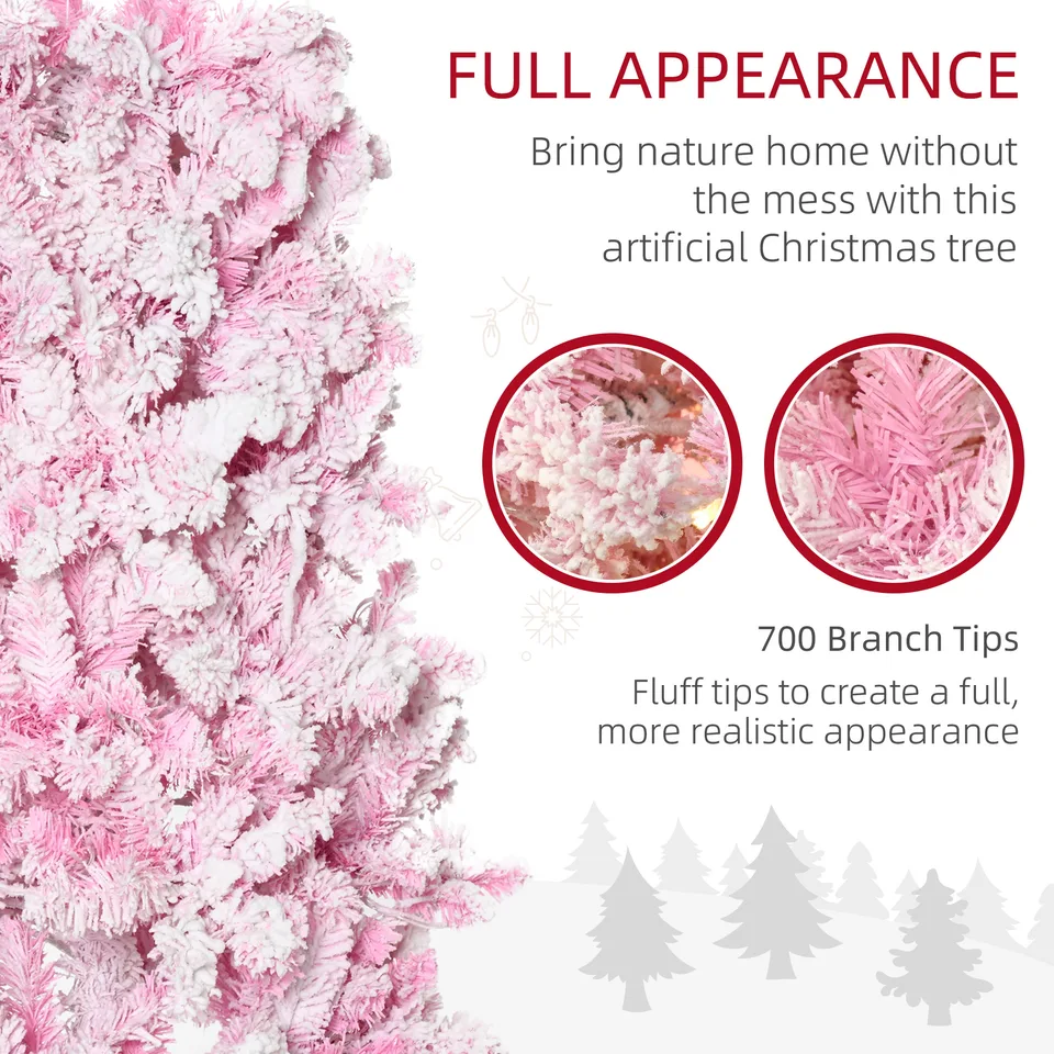 7.5ft Prelit Snow Flocked Artificial Christmas Tree with Pencil Shape, Pine Realistic Branches, Warm White LED lights, Auto Open, Pink and view 3