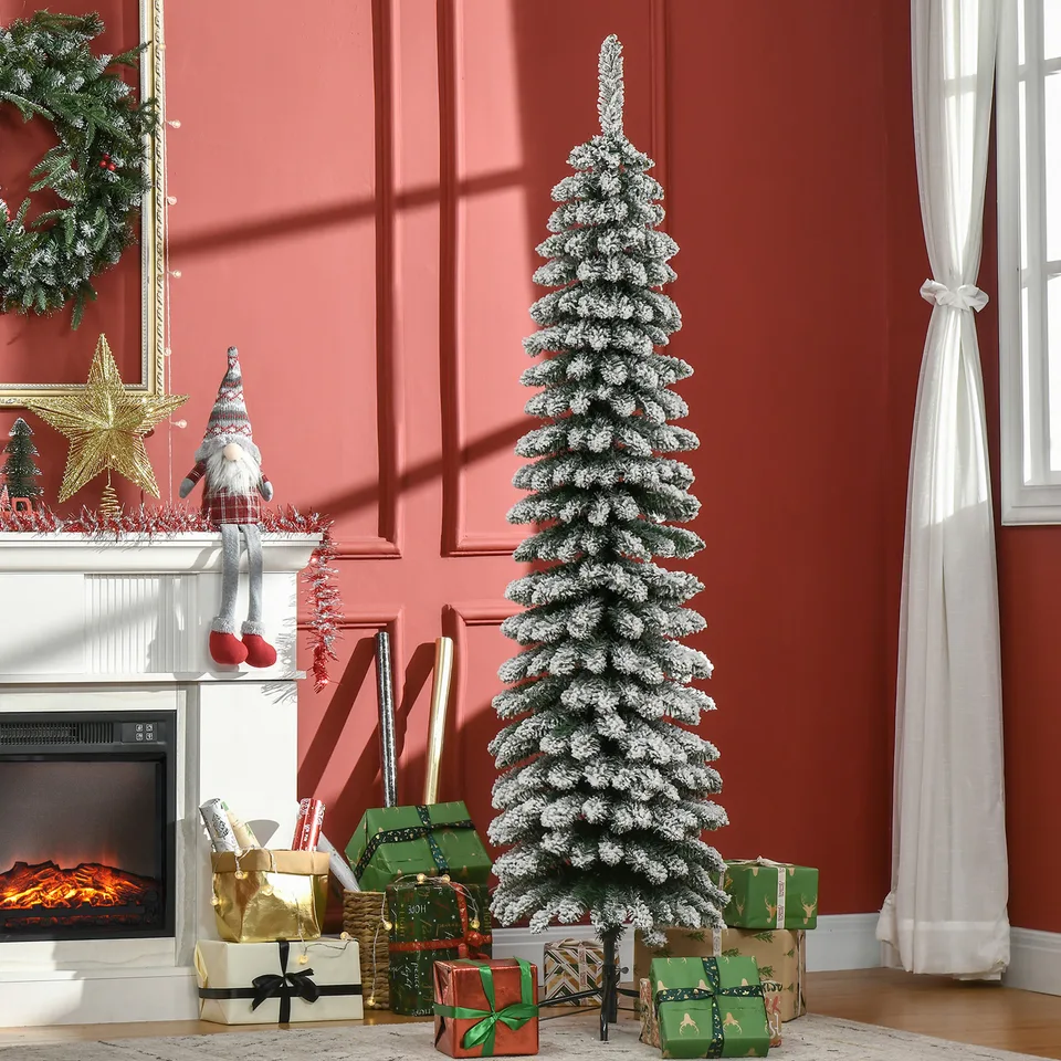 6 Tall Unlit Slim Pencil Xmas Tree, Snow Flocked Artificial Christmas Tree with Realistic Branches and 603 Tips, Green