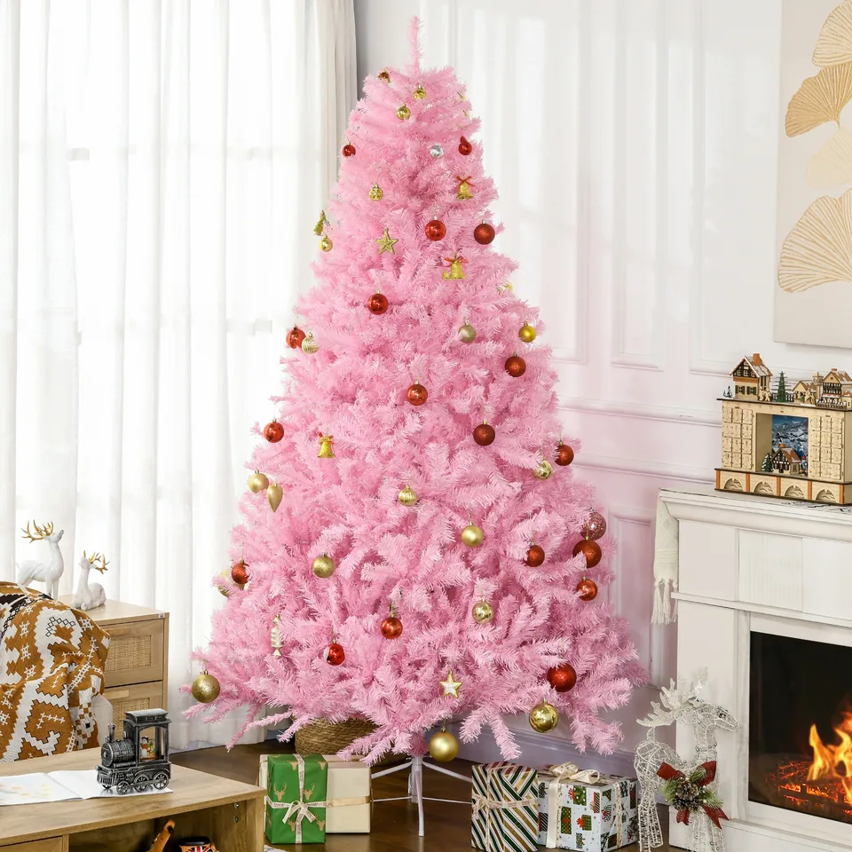 7 Artificial Pink Christmas Trees, with Auto Open, Steel Base, Wide Shape for Indoor Xmas Decoration