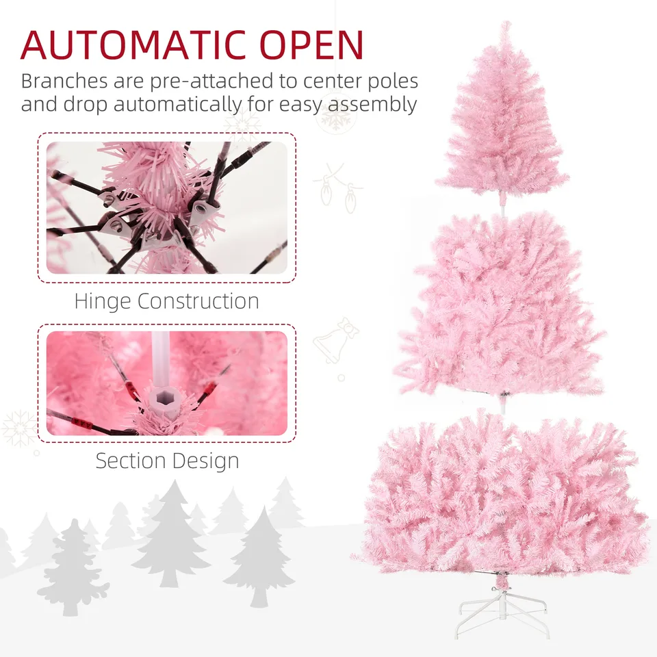 7 Artificial Pink Christmas Trees, with Auto Open, Steel Base, Wide Shape for Indoor Xmas Decoration view 2
