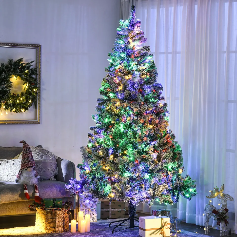 7.5 Artificial Snow Christmas Trees with Frosted Branches, Warm White or Colorful LED Lights, Steel Base