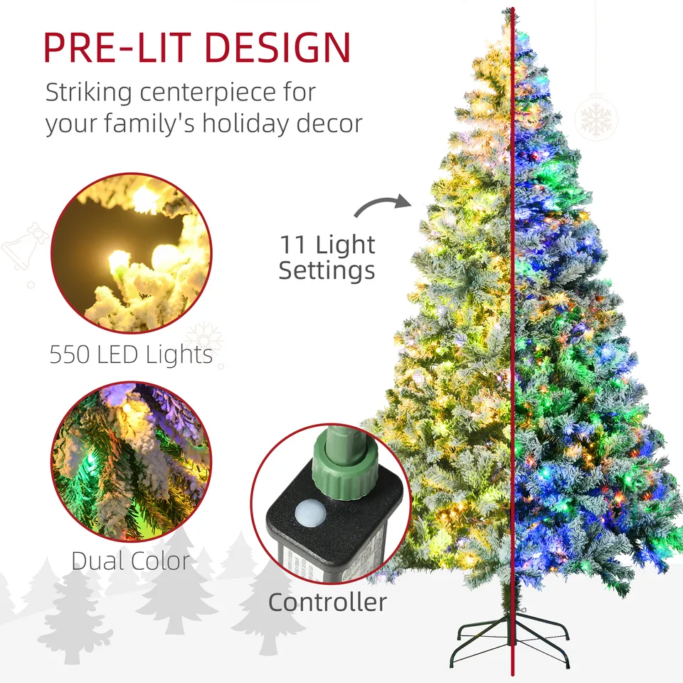 7.5 Artificial Snow Christmas Trees with Frosted Branches, Warm White or Colorful LED Lights, Steel Base view 4