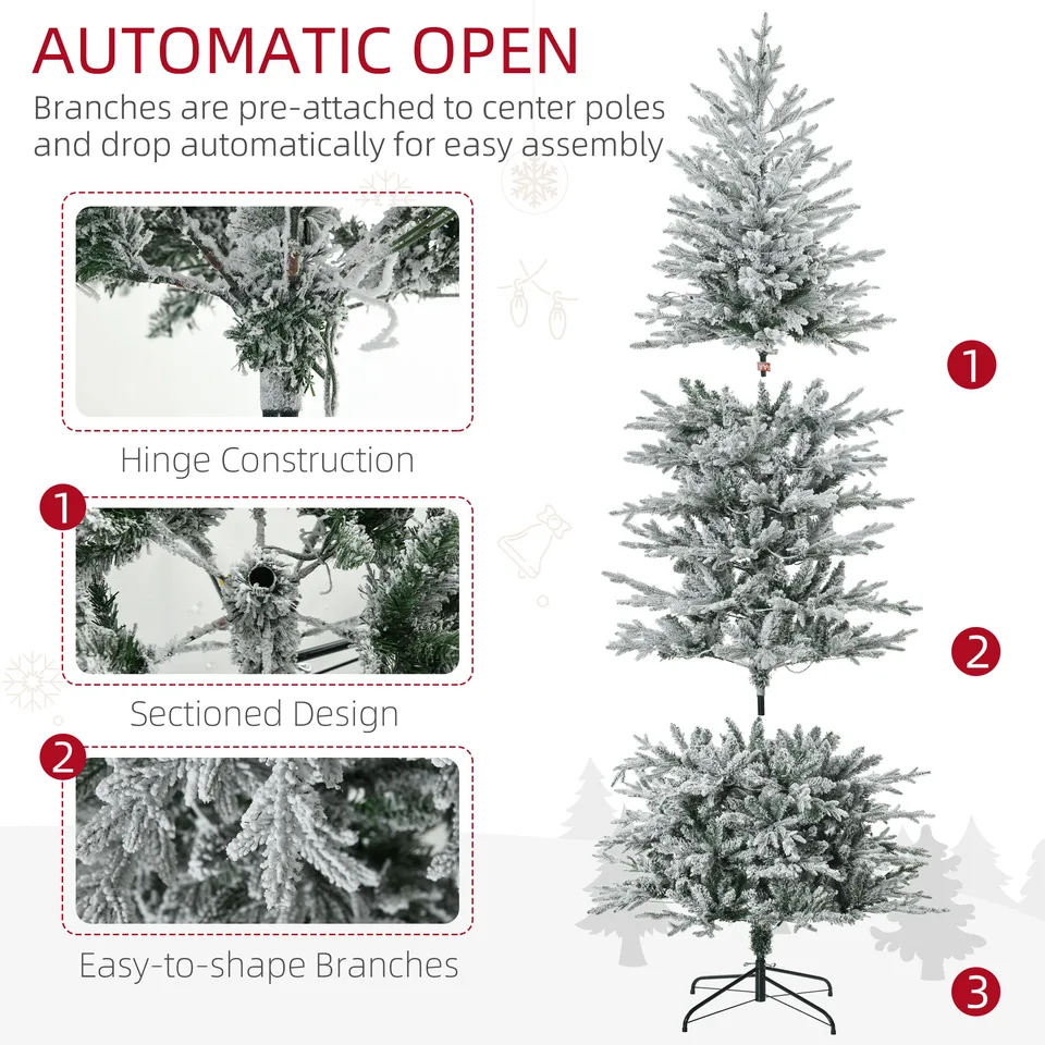 7.5 Pre Lit Artificial Flocked Christmas Trees, with Snow Branches, Warm Yellow Clear Lights, Auto Open, Extra Bulb view 3