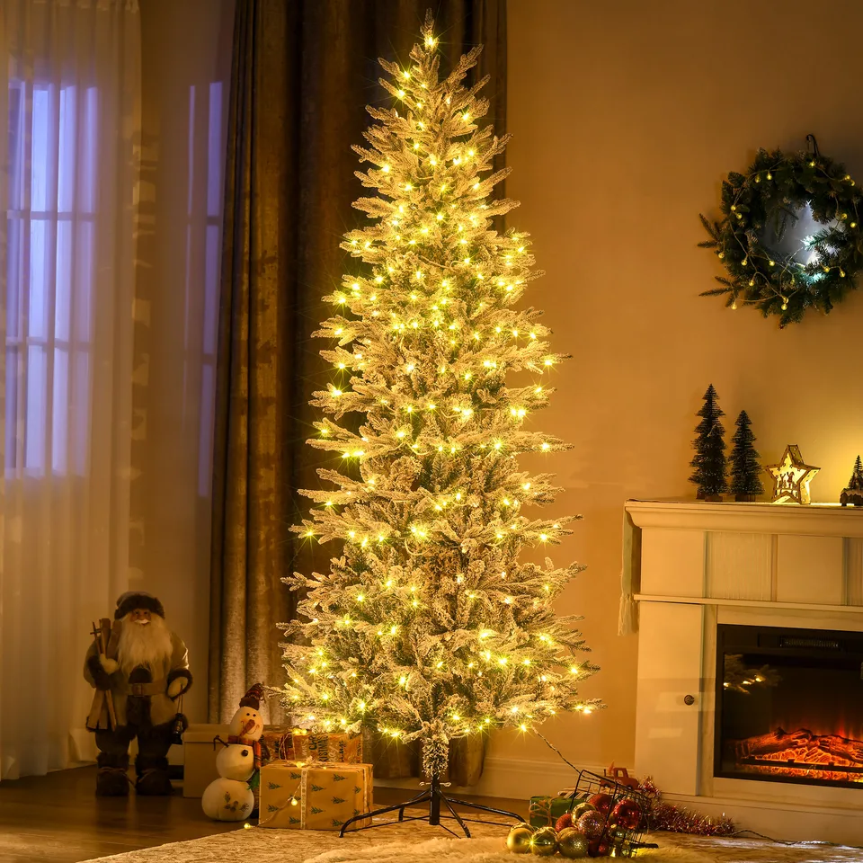 7.5 Pre Lit Artificial Flocked Christmas Trees, with Snow Branches, Warm Yellow Clear Lights, Auto Open, Extra Bulb