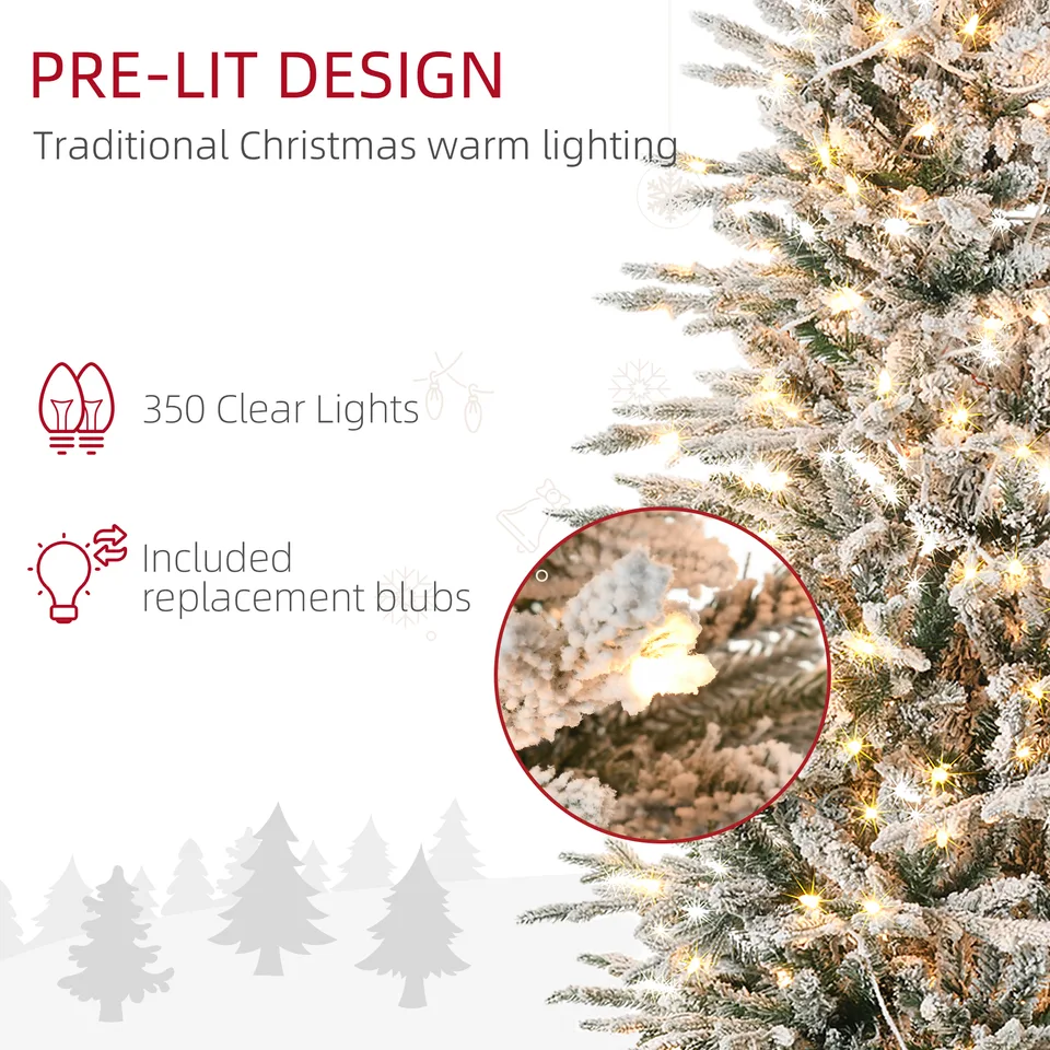 7.5 Pre Lit Artificial Flocked Christmas Trees, with Snow Branches, Warm Yellow Clear Lights, Auto Open, Extra Bulb view 2