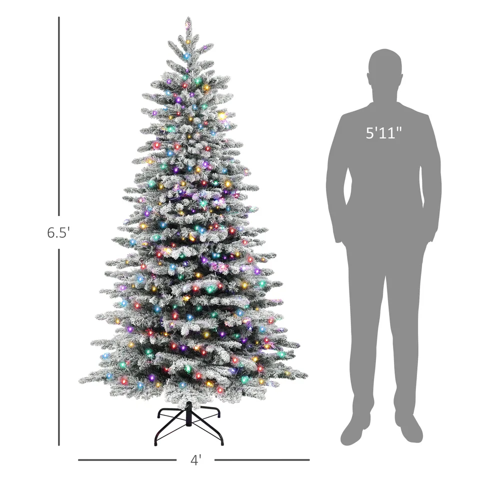 6.5ft Snow Flocked Artificial Christmas Tree, Pre-Lit Christmas Tree with 400 LED Lights and 990 Branch Tips, Green view 2