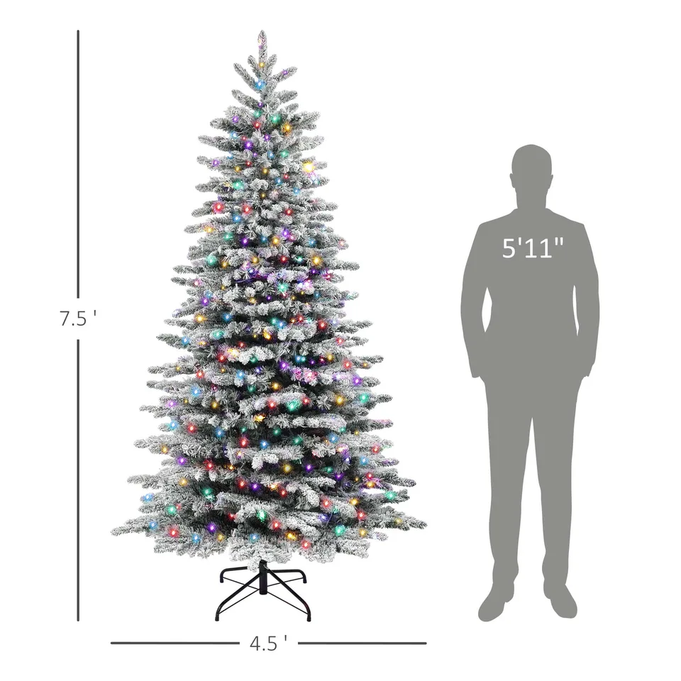 7.5ft Snow Flocked Artificial Christmas Tree, Pre-Lit Christmas Tree with 500 LED Lights and 1264 Branch Tips, Green view 2