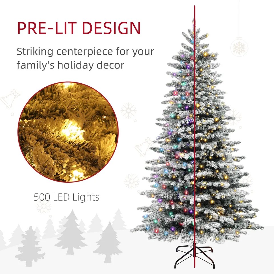 7.5ft Snow Flocked Artificial Christmas Tree, Pre-Lit Christmas Tree with 500 LED Lights and 1264 Branch Tips, Green view 4