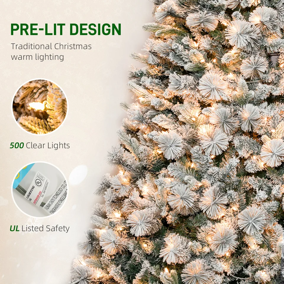 7.5 ft Prelit Flocked Artificial Christmas Tree with 500 Clear Lights, 1530 Tips, Metal Stand for Home Office Holiday view 4