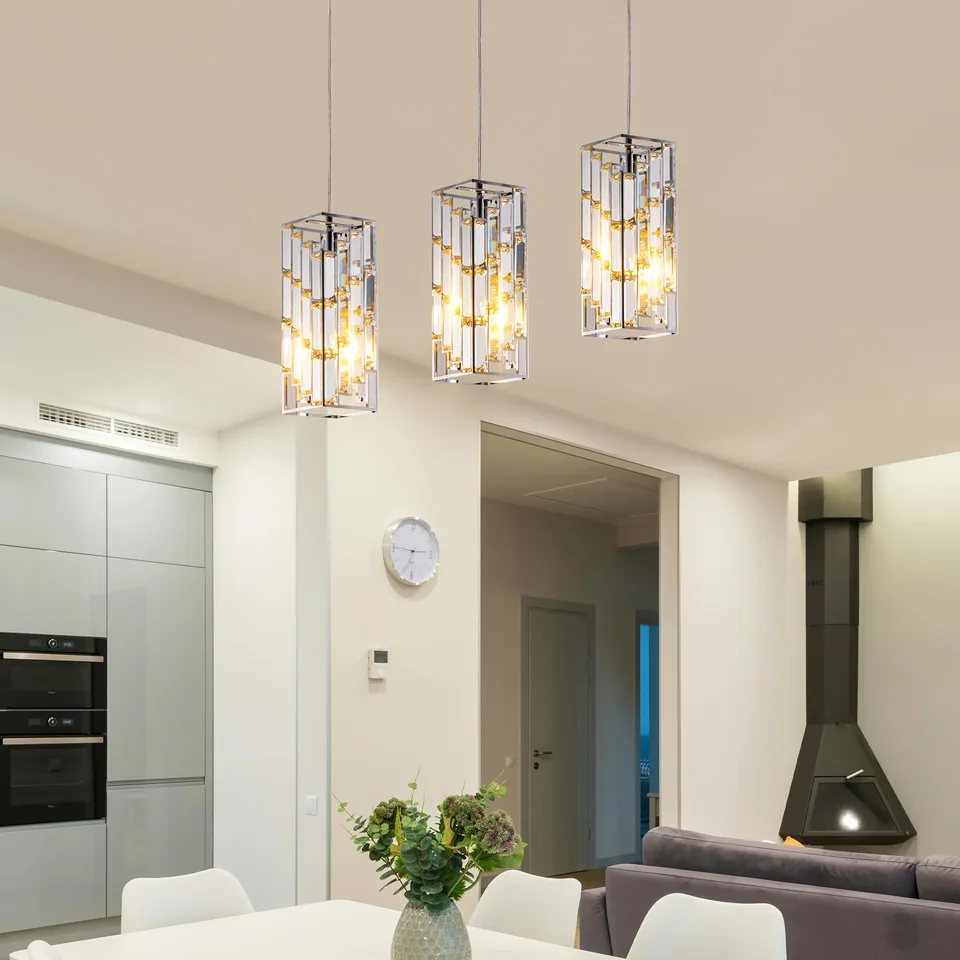 4inch Modern Crystal Pendant Light 3 Pack, Adjustable Hanging Ceiling Lamp With Crystal Prism Design For Dining Room, Kitchen Island, And Living Room -Chrome Finish view 4