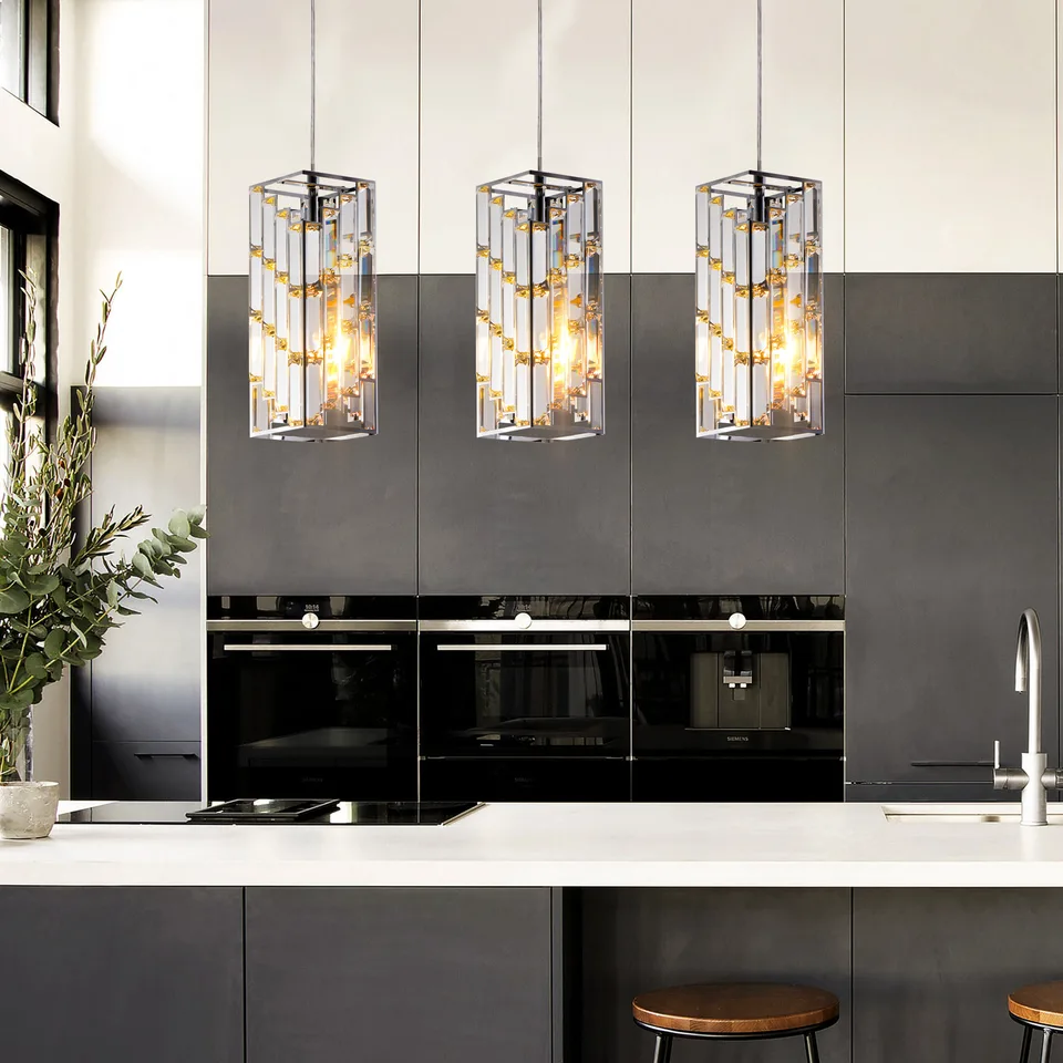 4inch Modern Crystal Pendant Light 3 Pack, Adjustable Hanging Ceiling Lamp With Crystal Prism Design For Dining Room, Kitchen Island, And Living Room -Chrome Finish view 2