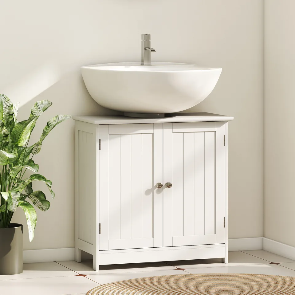 Under Sink Bathroom Cabinet, Pedestal Sink Storage Cabinet with 2 Doors, Shelf and U-Shape, White