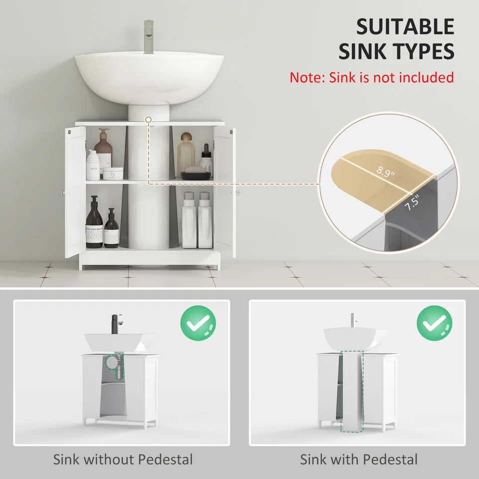 Under Sink Bathroom Cabinet, Pedestal Sink Storage Cabinet with 2 Doors, Shelf and U-Shape, White view 3