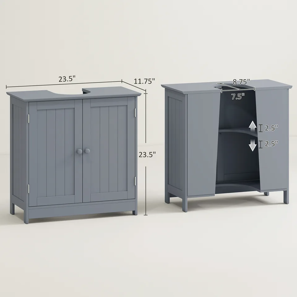 Under Sink Bathroom Cabinet, Pedestal Sink Storage Cabinet with 2 Doors, Shelf and U-Shape, Gray view 2