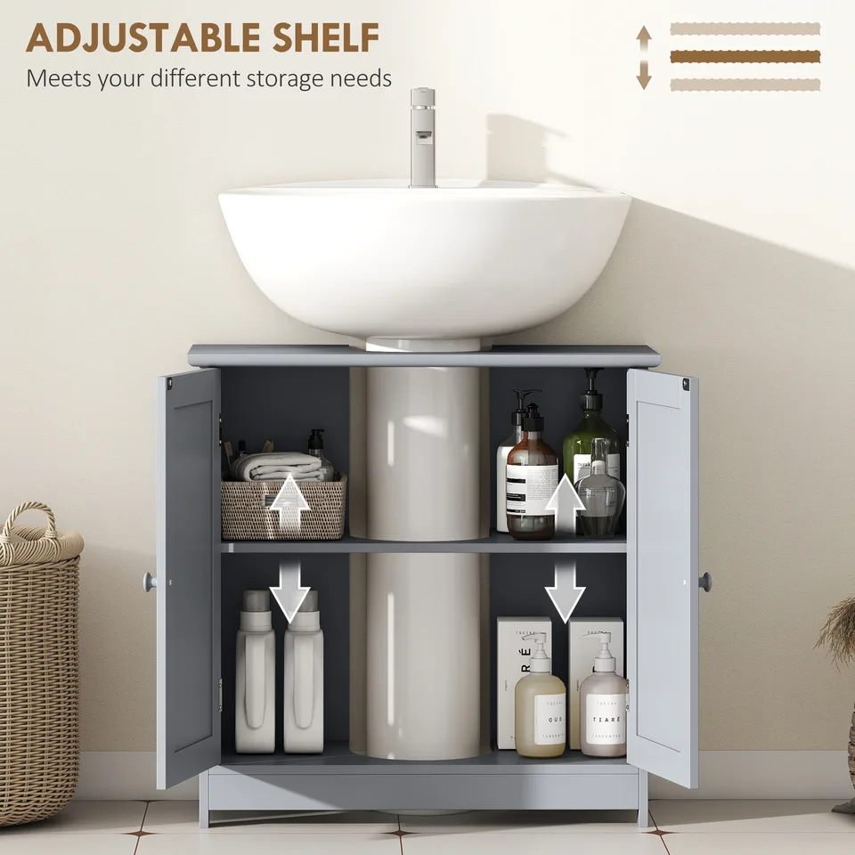 Under Sink Bathroom Cabinet, Pedestal Sink Storage Cabinet with 2 Doors, Shelf and U-Shape, Gray view 3