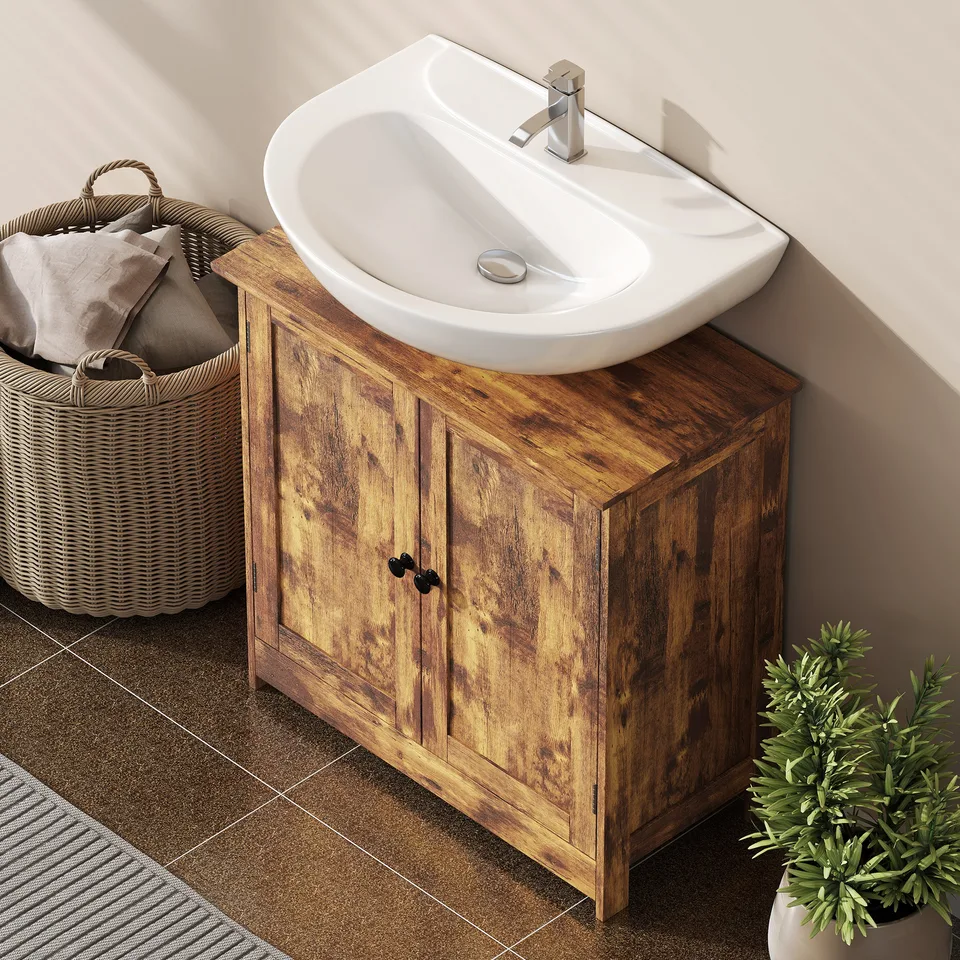 Bathroom Vanity Cabinet, Under Sink Bathroom Cabinet with 2 Doors and Adjustable Shelf, Rustic Brown view 3