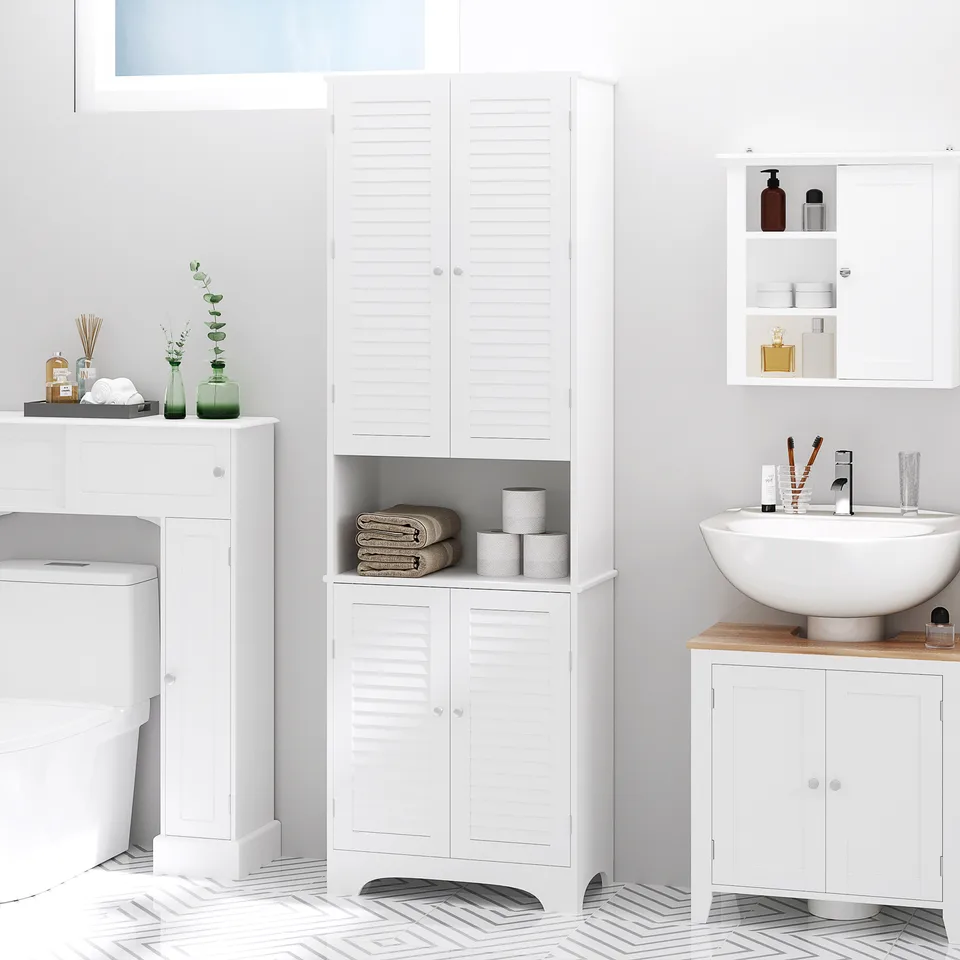 Tall Narrow Bathroom Storage Cabinet with Doors and Shelf Adjustability, Freestanding Linen Cabinet with 2 Cabinets and Countertop, White view 2