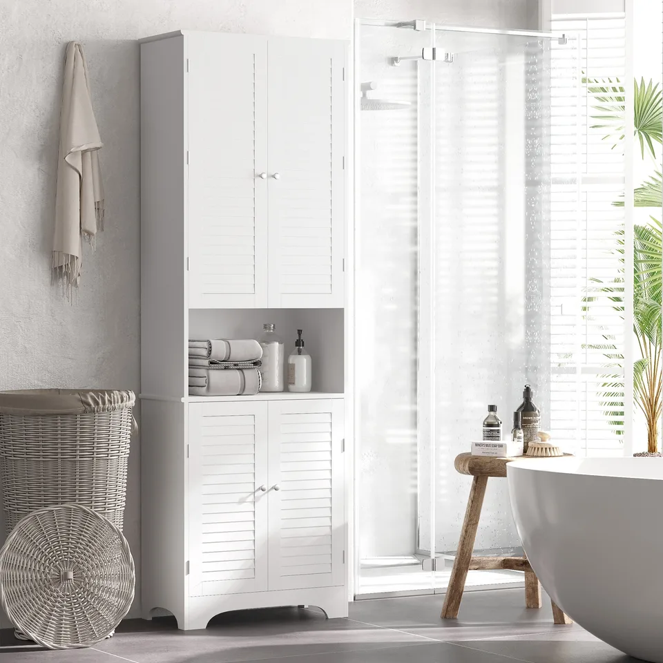 Tall Narrow Bathroom Storage Cabinet with Doors and Shelf Adjustability, Freestanding Linen Cabinet with 2 Cabinets and Countertop, White