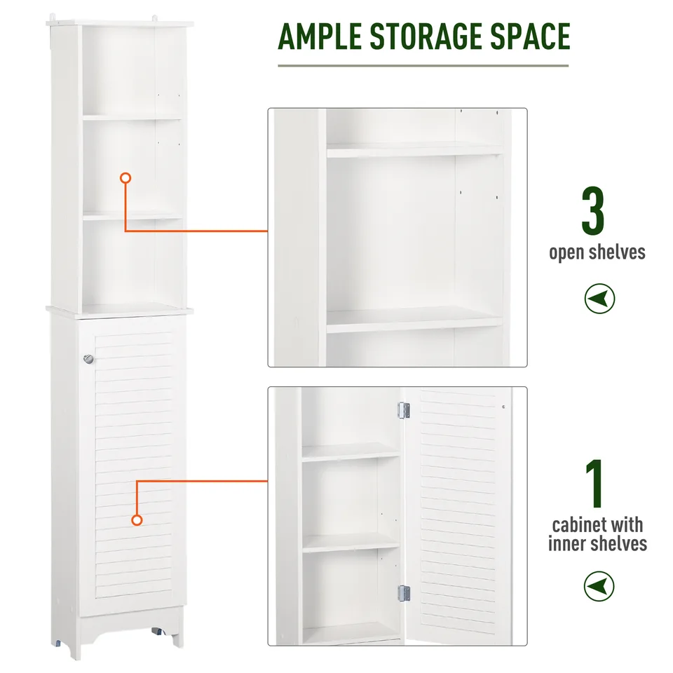 Tall Bathroom Storage Cabinet/Freestanding Linen Tower with 3-Tier Open Adjustable Shelf and Cupboard, White view 3